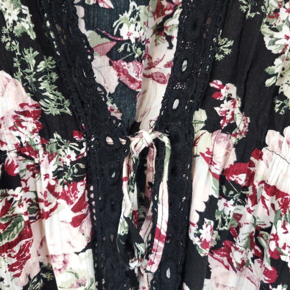 Libery Love Black/Pink Floral Print Tie Front Lace Edge Wmns Sz XL Kimono Blouse - Picture 5 of 15